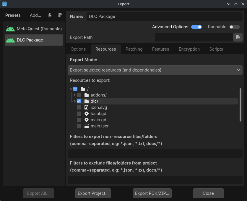 Shows the export mode settings of a DLC export