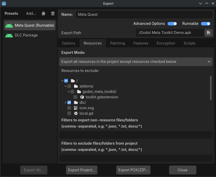 Shows the export mode settings of a normal project export